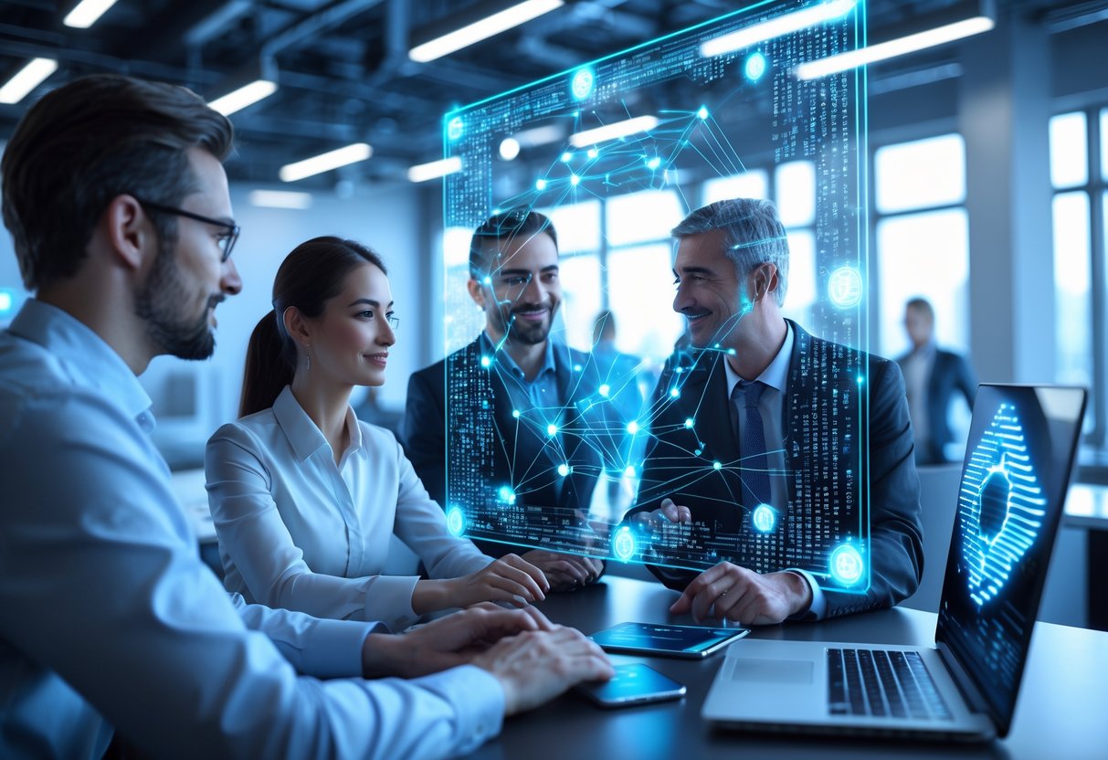 A group of professionals interacting with holographic digital interfaces showing blockchain nodes and AI neural networks in a modern office.