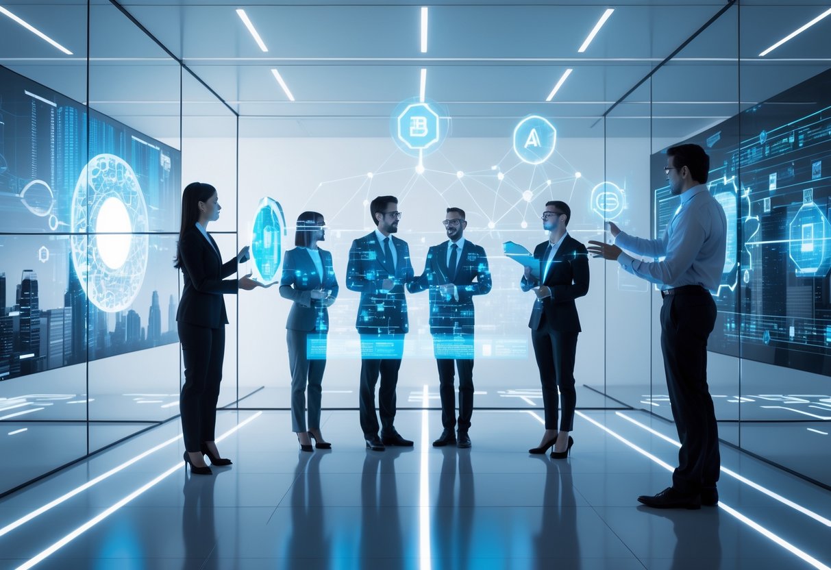A group of professionals interacting with futuristic digital screens showing AI neural networks and blockchain connections in a modern workspace.