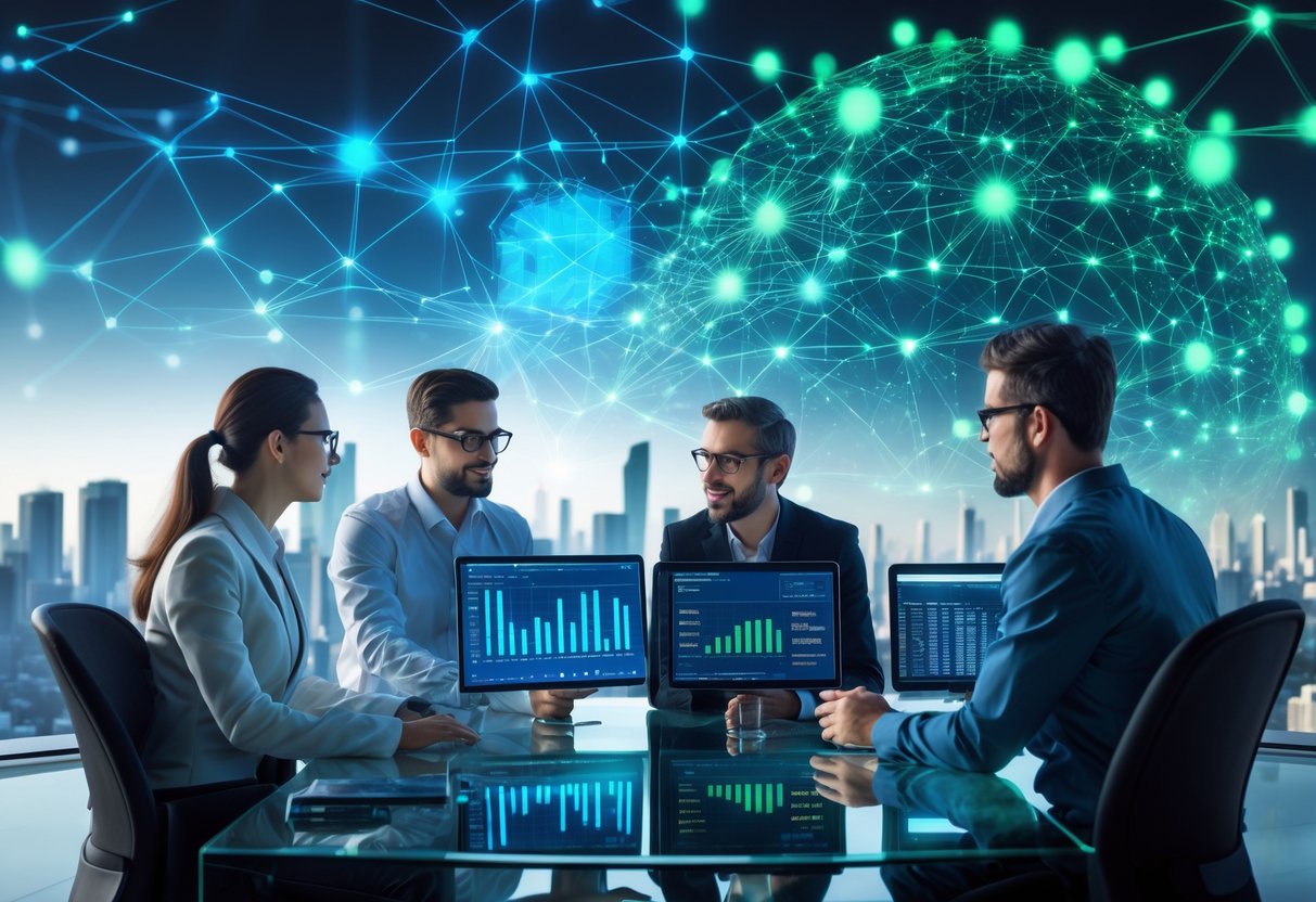 A group of professionals collaborating over digital devices with holographic blockchain and AI network visuals in a futuristic workspace.