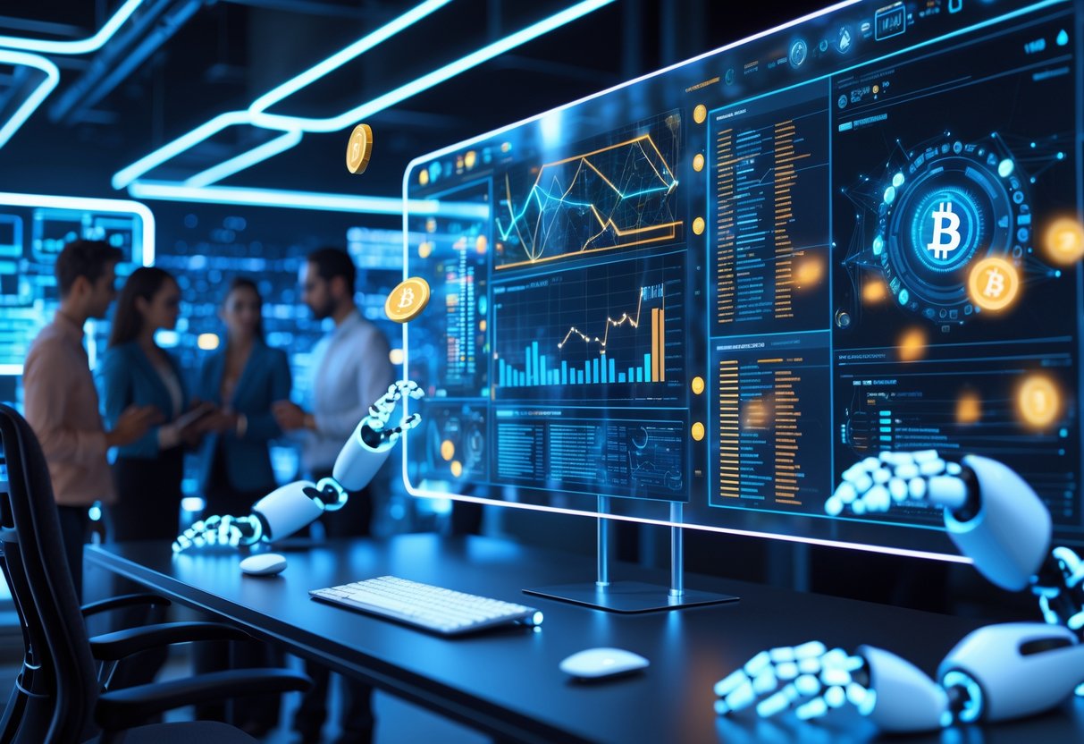 A futuristic workspace with holographic screens showing cryptocurrency data and AI patterns, with professionals collaborating in the background.