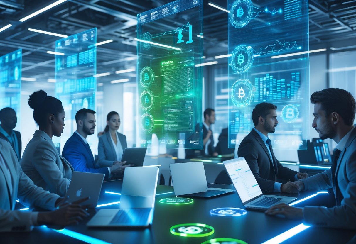 A group of professionals discussing AI and cryptocurrency technology with holographic screens showing digital data and charts in a modern office.