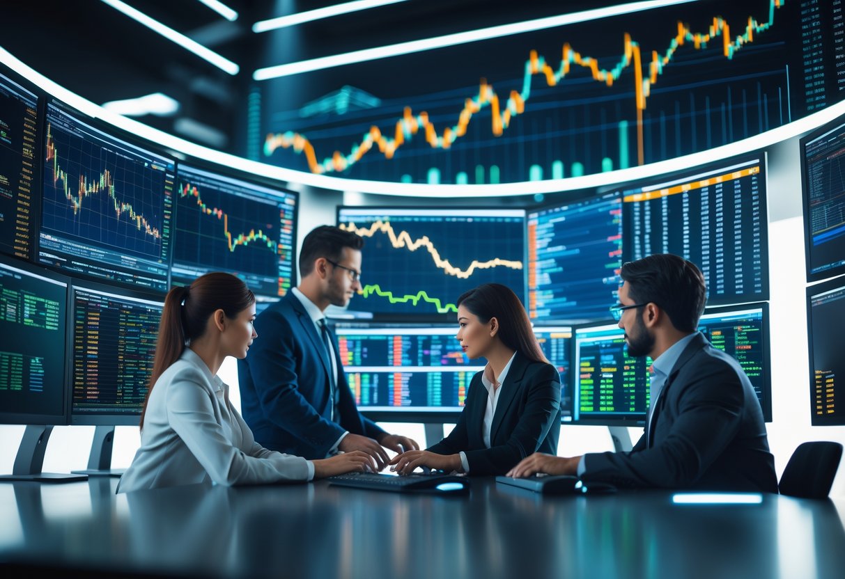 Professionals working in an office with multiple monitors showing cryptocurrency charts and digital data, symbolizing AI-driven crypto trading.