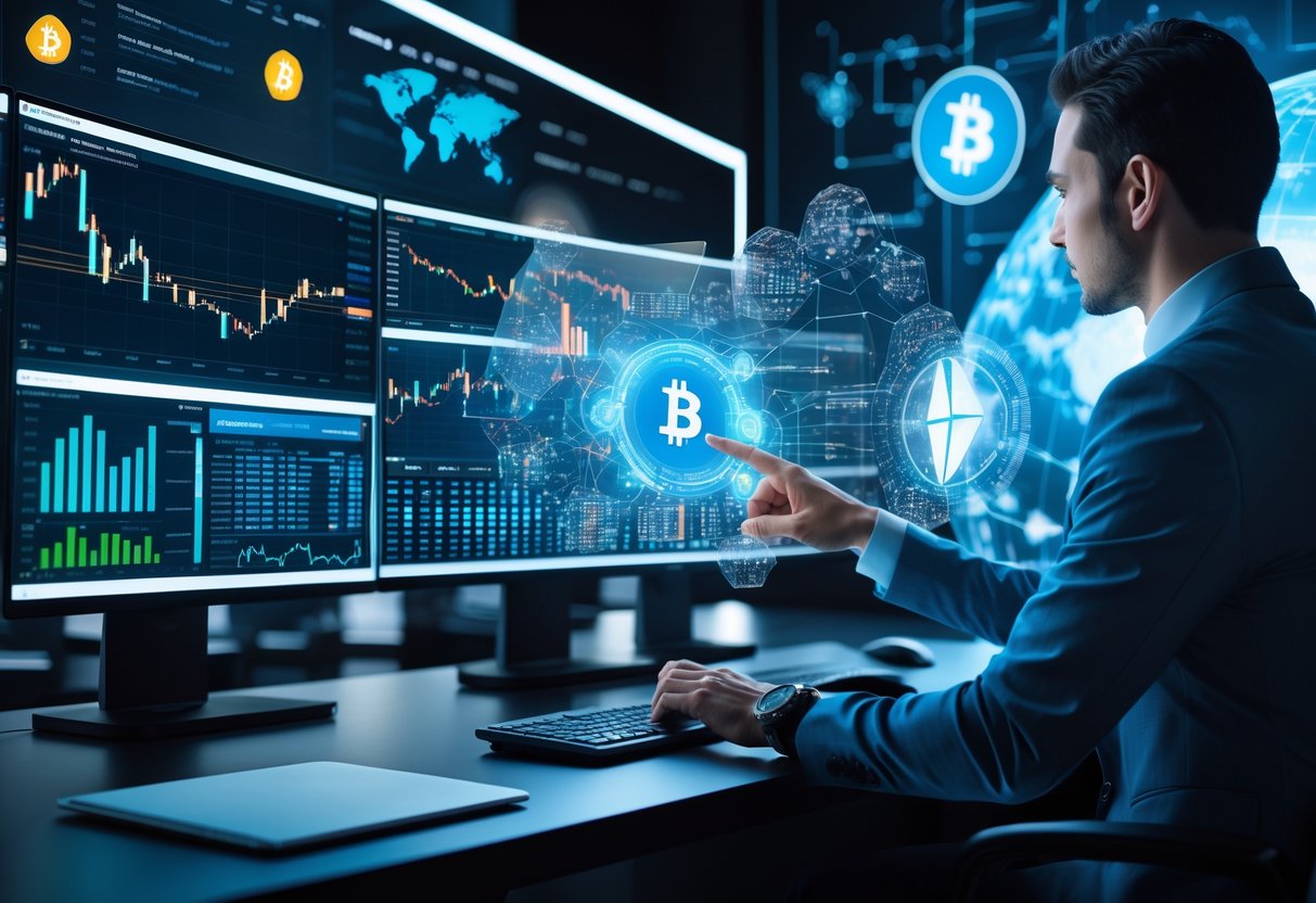 A business professional using a holographic interface with cryptocurrency charts and AI data on multiple screens at a trading desk.