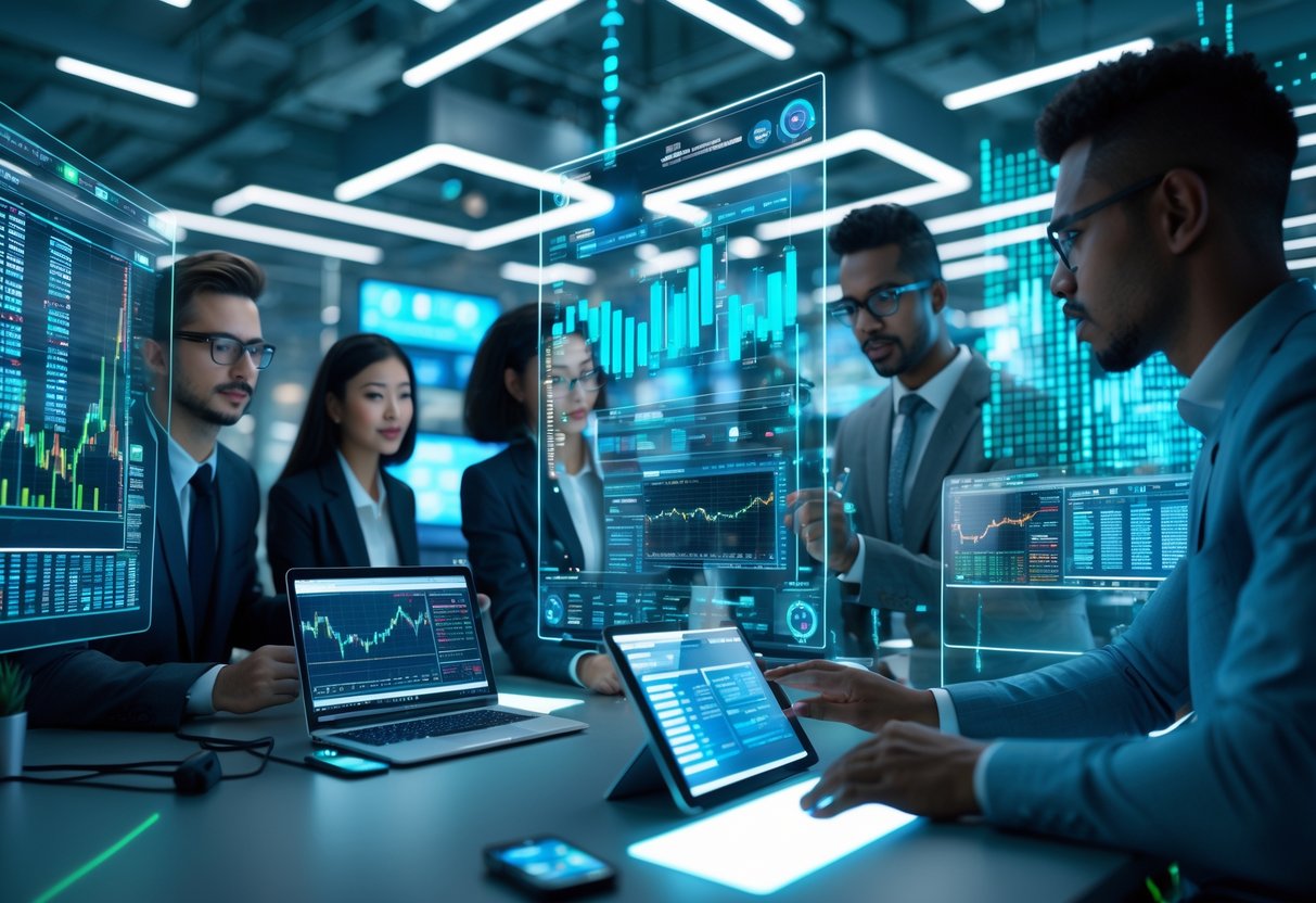 Professionals interacting with holographic cryptocurrency market data and AI technology in a modern high-tech office.