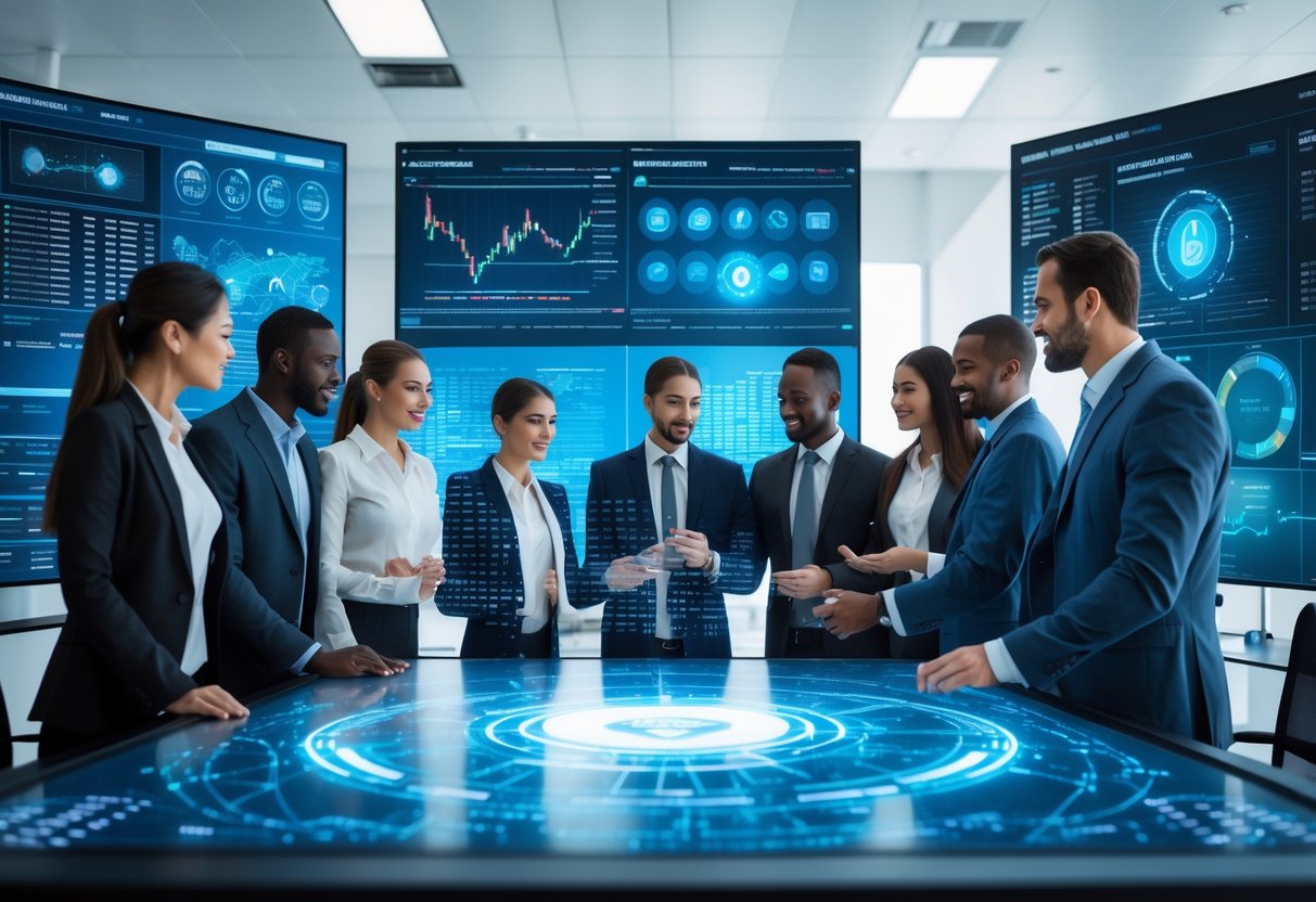 A group of professionals discussing cryptocurrency data and AI technology around a digital touchscreen table in a modern office.