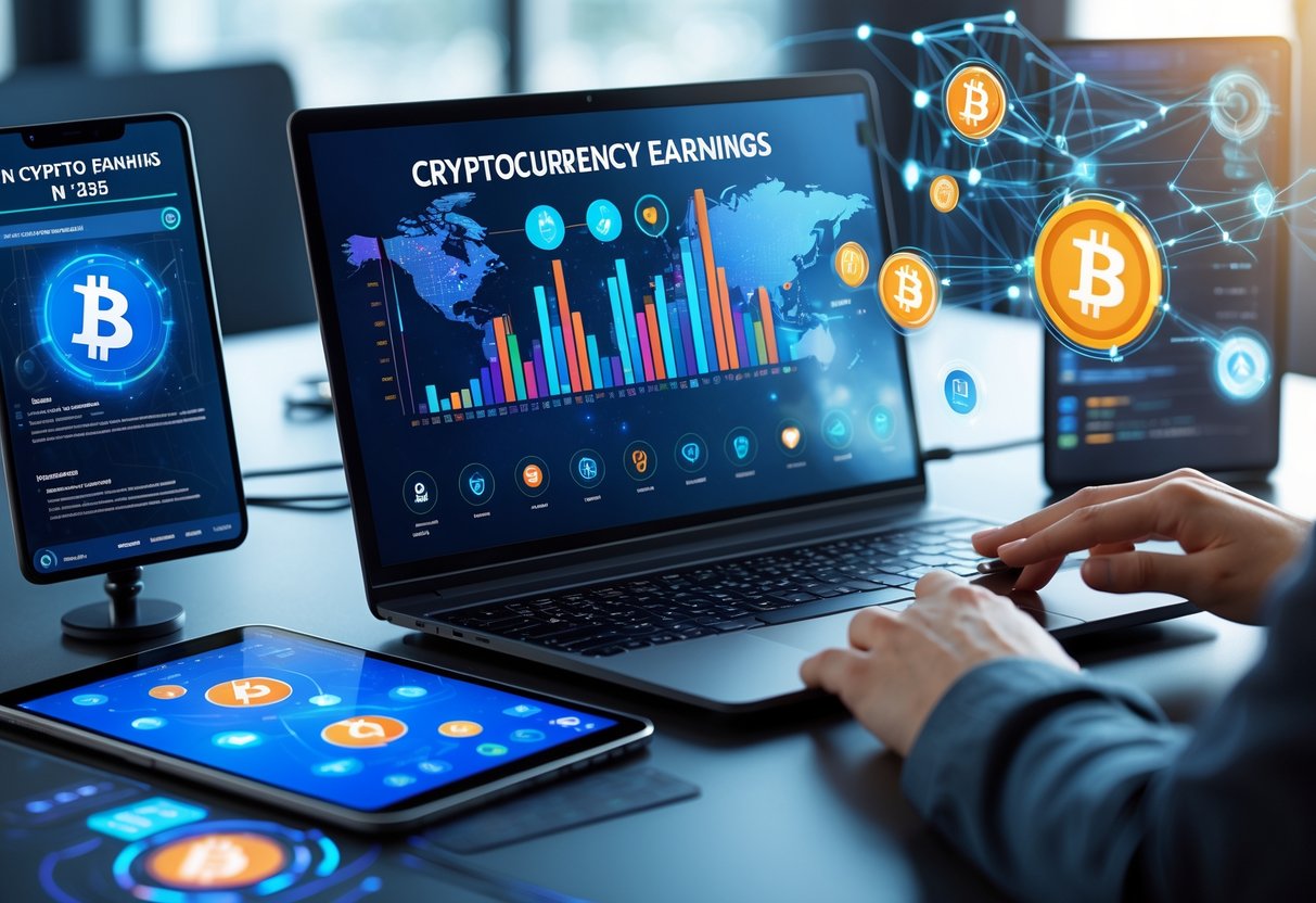 A person using a laptop and tablet with cryptocurrency charts and digital wallet interfaces on a clean desk, surrounded by symbols of digital currency and blockchain technology.