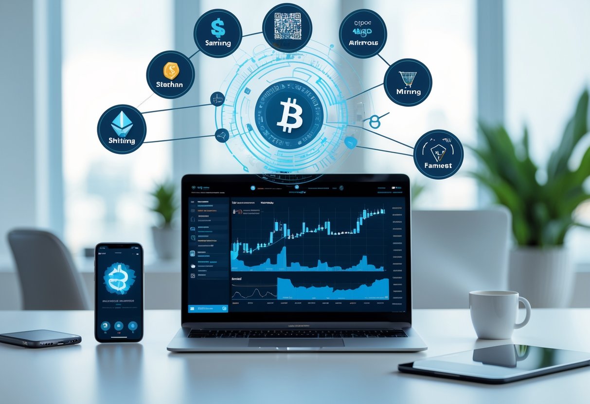 A modern workspace with a laptop showing cryptocurrency charts and various digital elements representing different ways to earn free crypto in 2025.