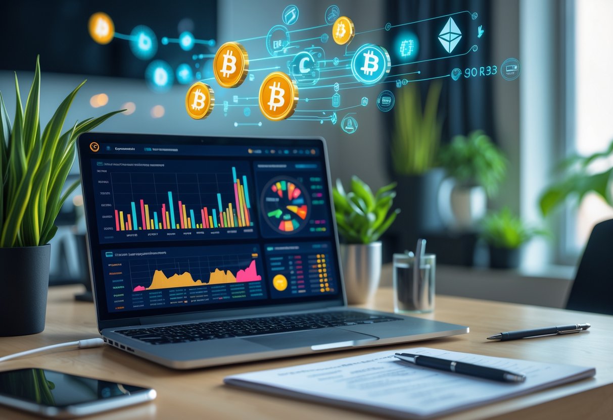 A modern workspace with a laptop showing cryptocurrency charts, a smartphone with a crypto wallet app, and a notepad on a clean desk with plants.