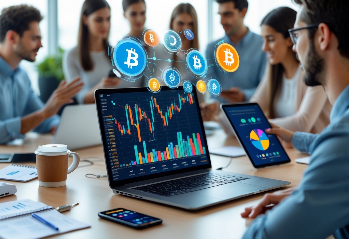 A modern workspace with a laptop showing cryptocurrency charts, surrounded by notes and a smartphone, with people collaborating in the background.