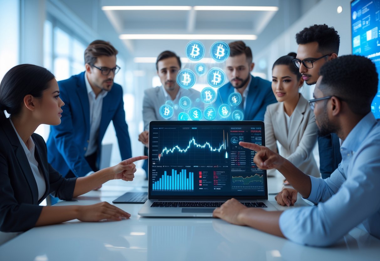 A group of professionals gathered around a laptop displaying cryptocurrency charts and icons in a modern office setting.