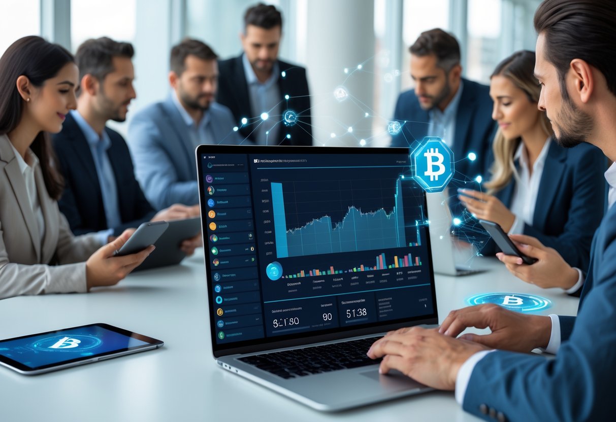 A group of professionals working together in a modern office with a laptop showing cryptocurrency charts and digital blockchain visuals.