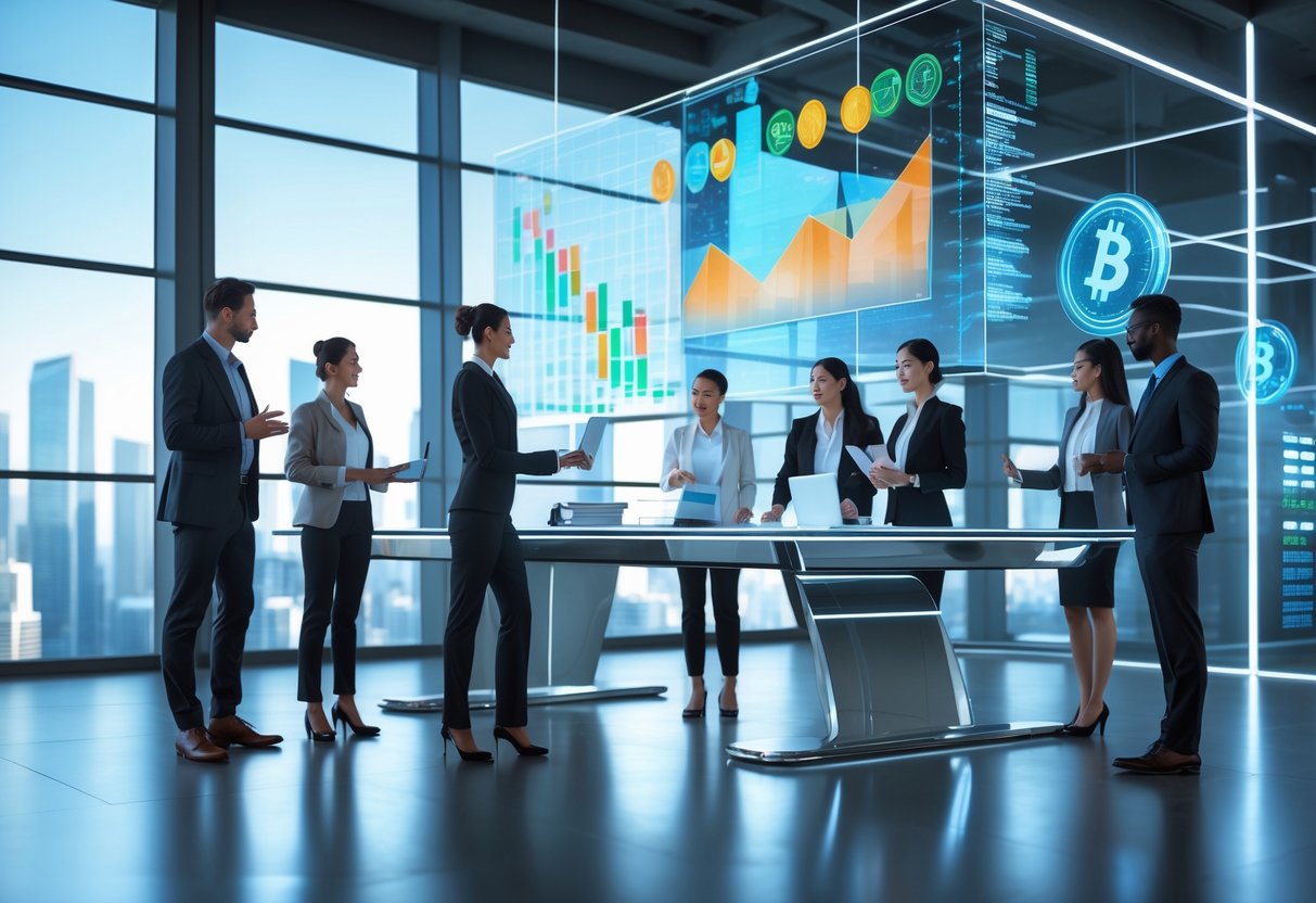 A group of professionals analyzing digital cryptocurrency data on transparent holographic screens in a modern office.