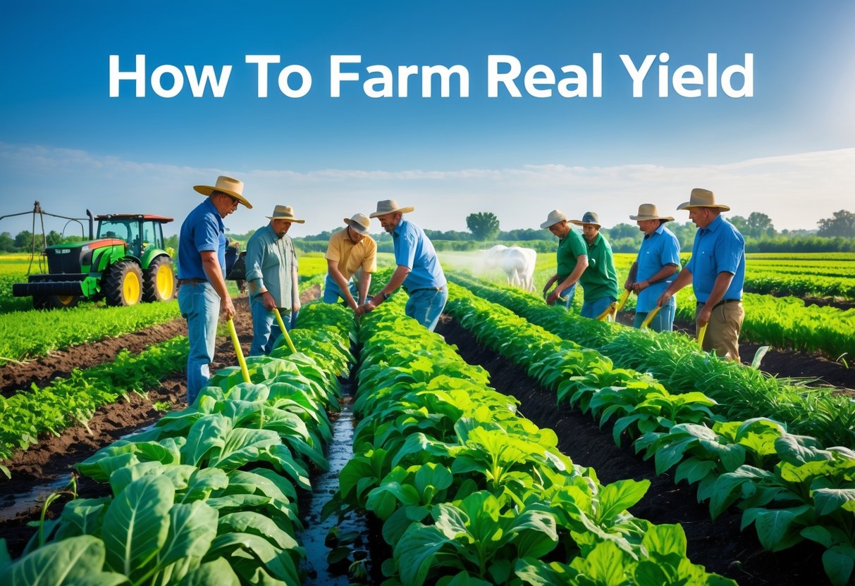 Farmers working in a green field with healthy crops and farming equipment under a clear sky.