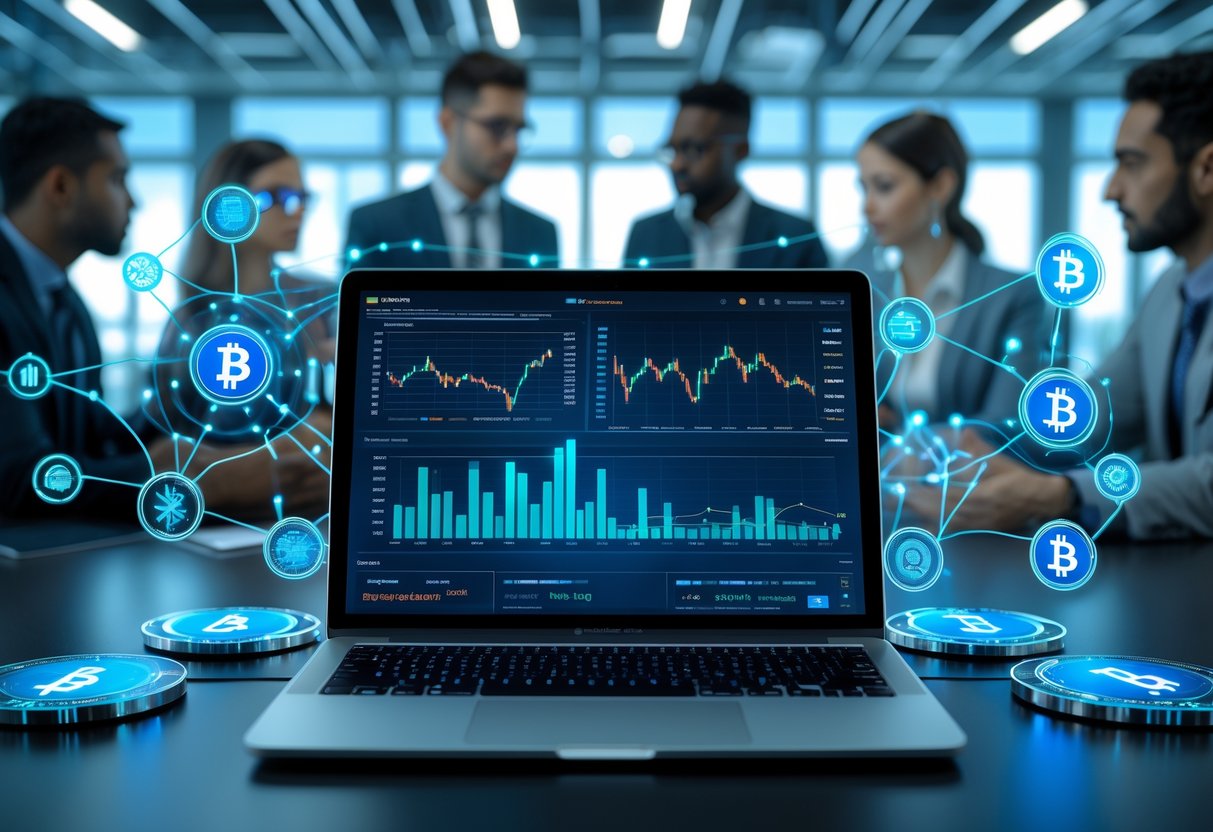 A modern workspace with a laptop showing financial charts and holographic blockchain elements, with professionals collaborating in the background.