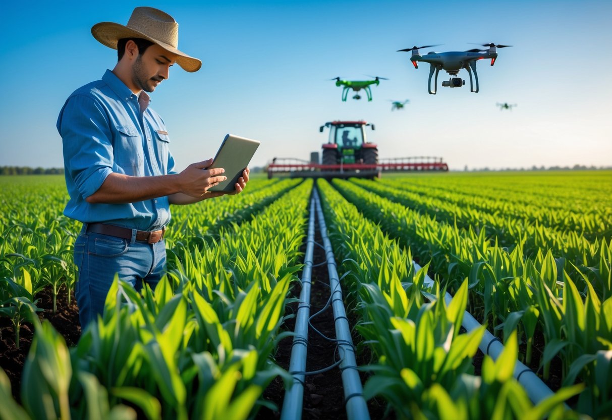 A farmer inspecting healthy crops in a green field with farming equipment and drones in the background.