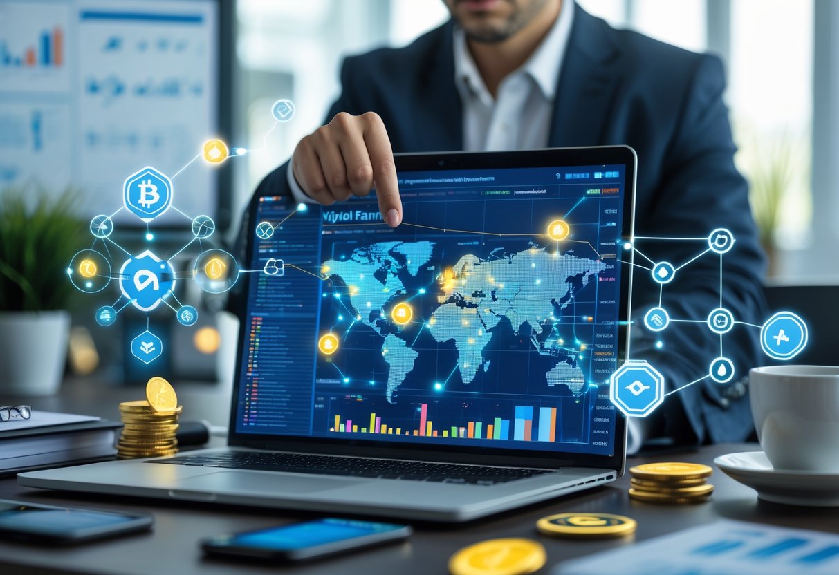 A person analyzing cryptocurrency charts on a laptop surrounded by digital coins and blockchain symbols in a modern office setting.