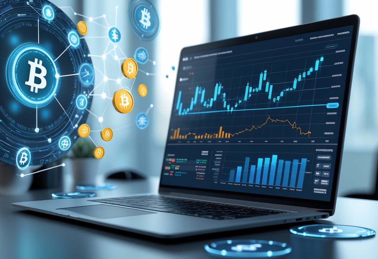 A laptop on a desk showing financial charts and blockchain graphics, surrounded by digital icons representing cryptocurrency and decentralized finance.
