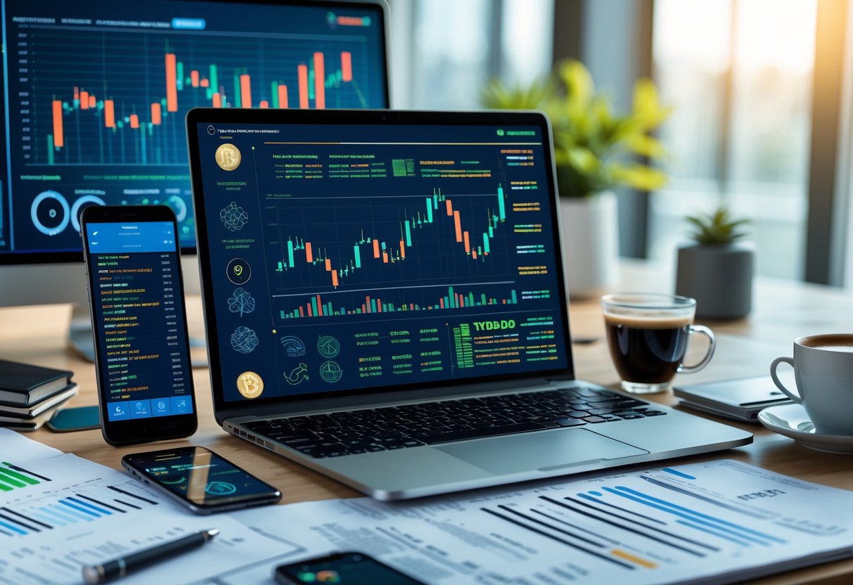 A modern workspace with a laptop showing financial charts, a smartphone with a digital wallet app, documents, and a cup of coffee on a clean desk.