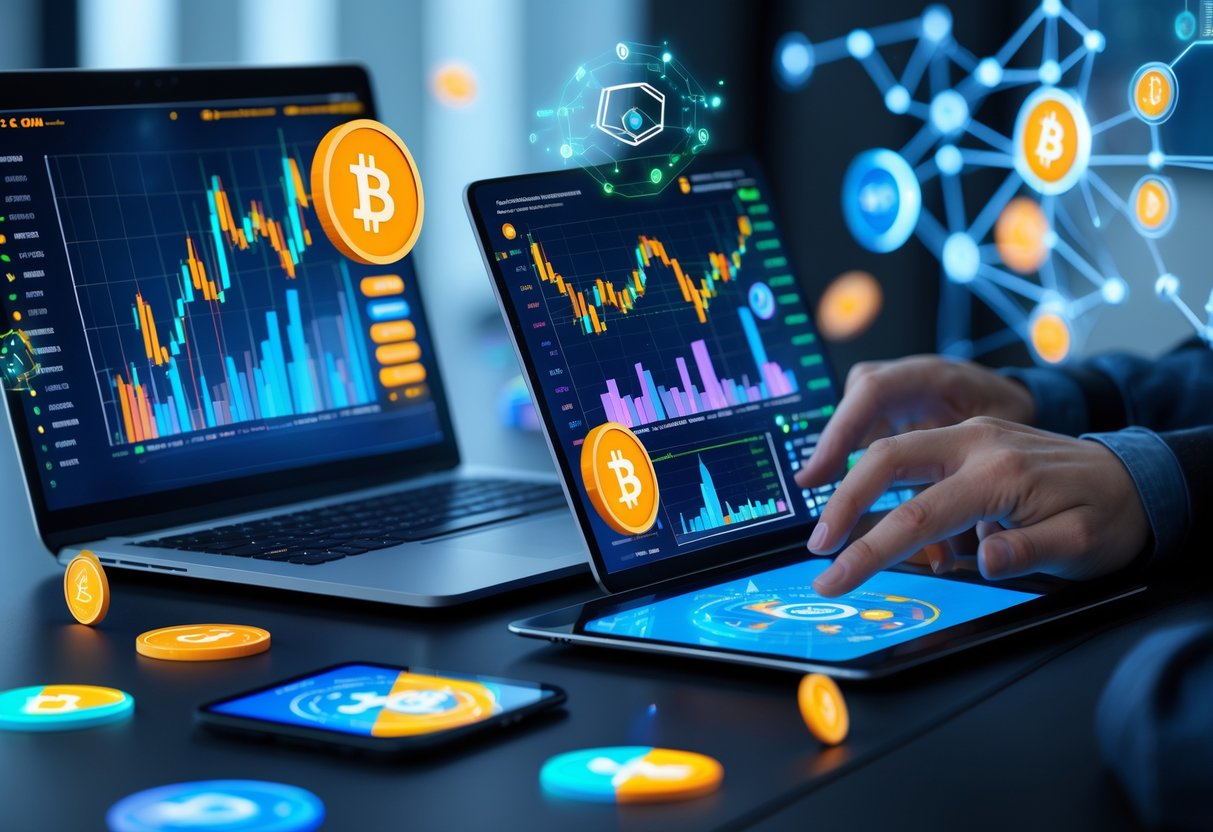 Hands interacting with digital devices showing cryptocurrency charts and blockchain icons on a modern workspace.