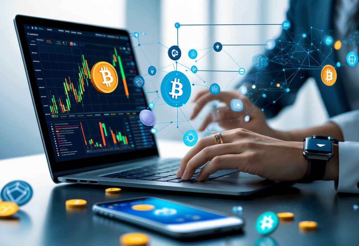 A person working at a desk with multiple digital devices showing cryptocurrency charts and blockchain visuals, surrounded by floating digital icons representing crypto tokens.