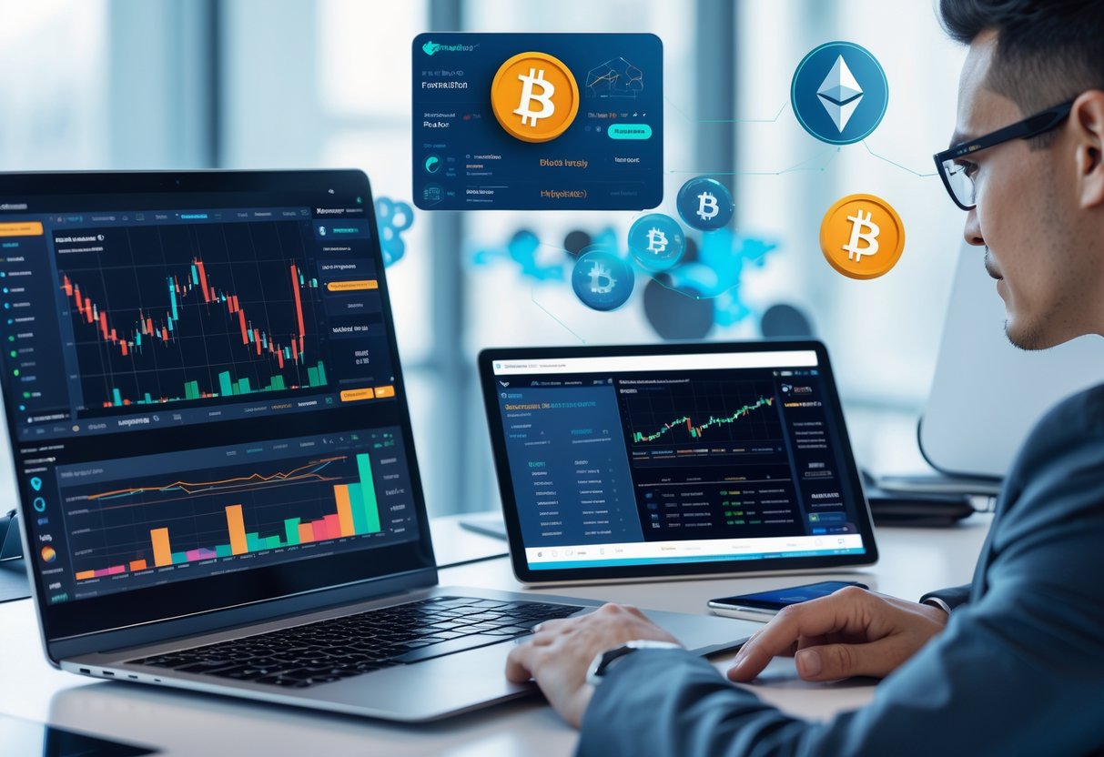 A person analyzing cryptocurrency charts and data on multiple digital devices in a modern office setting.