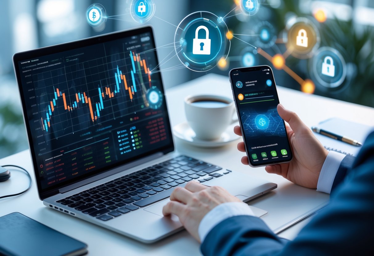 A person working at a desk with a laptop showing financial charts and a smartphone displaying crypto wallet apps, surrounded by digital security and blockchain symbols.