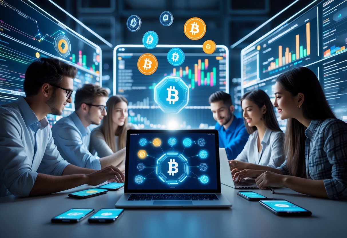 People working together at a desk with laptops and smartphones displaying cryptocurrency icons and blockchain data.