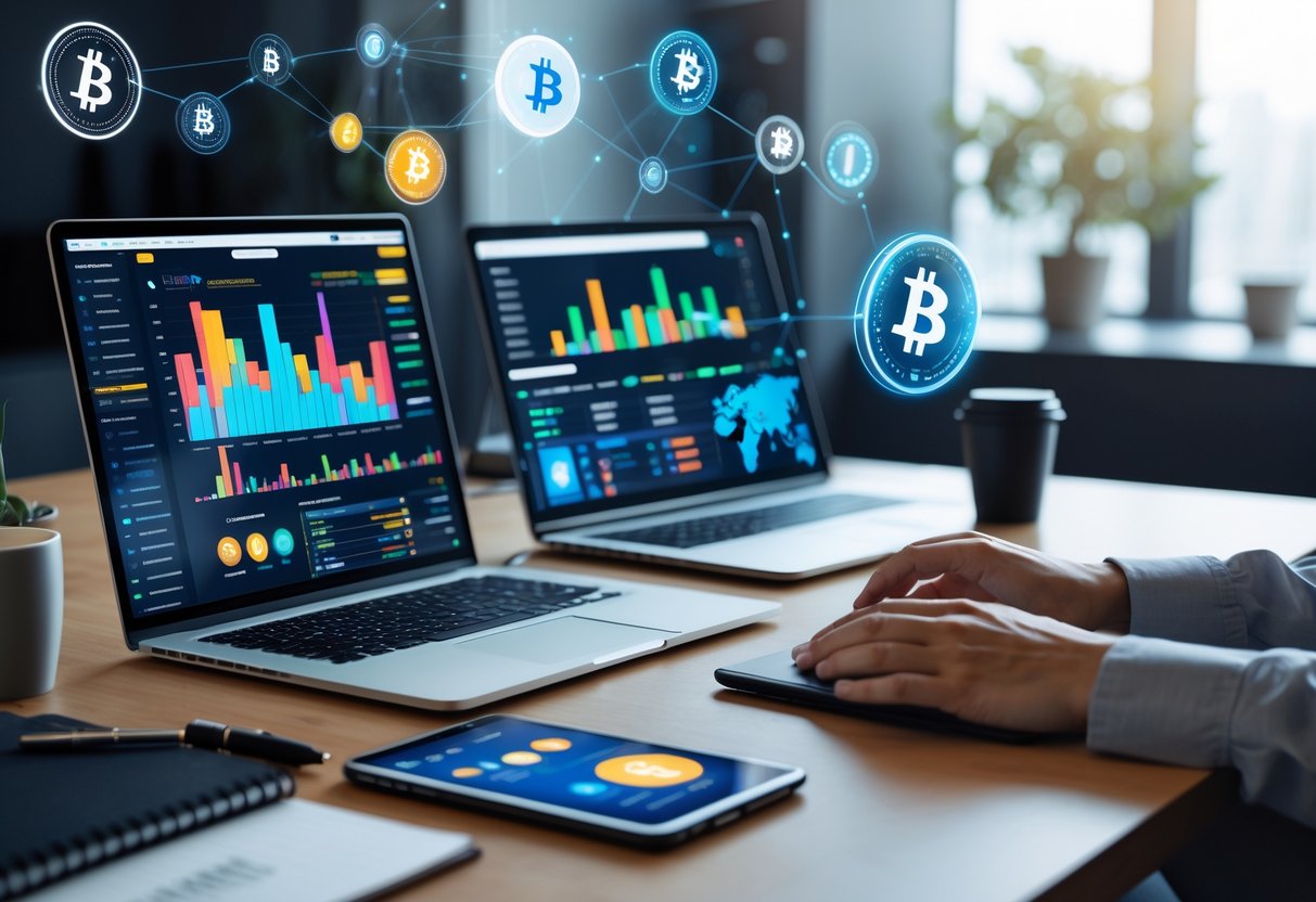 A workspace with digital devices showing cryptocurrency charts and icons, and hands interacting with the screens.