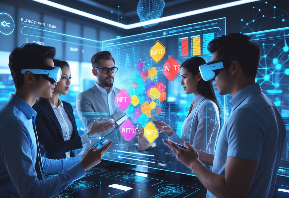 A group of people interacting with futuristic digital displays showing colorful digital art and blockchain data in a modern workspace.