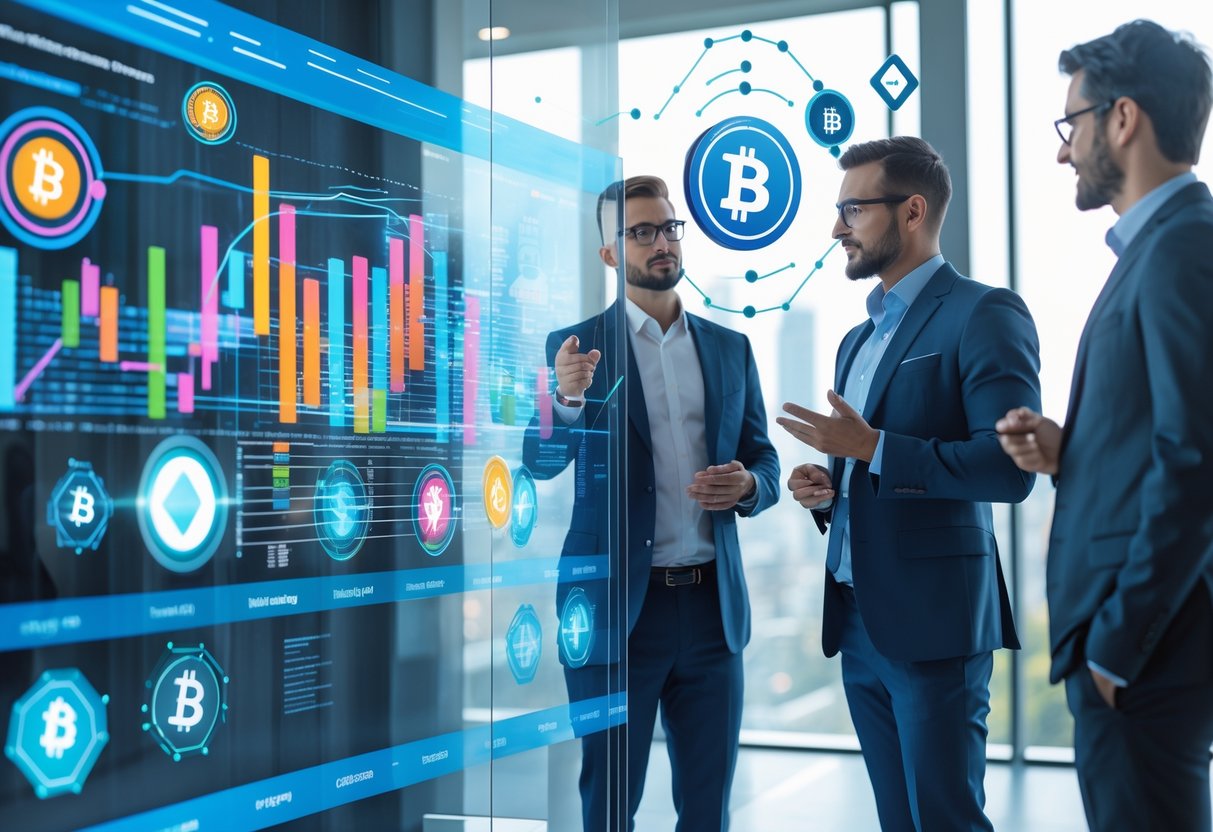 Business professionals discussing digital charts and NFT icons on a transparent screen in a modern office.