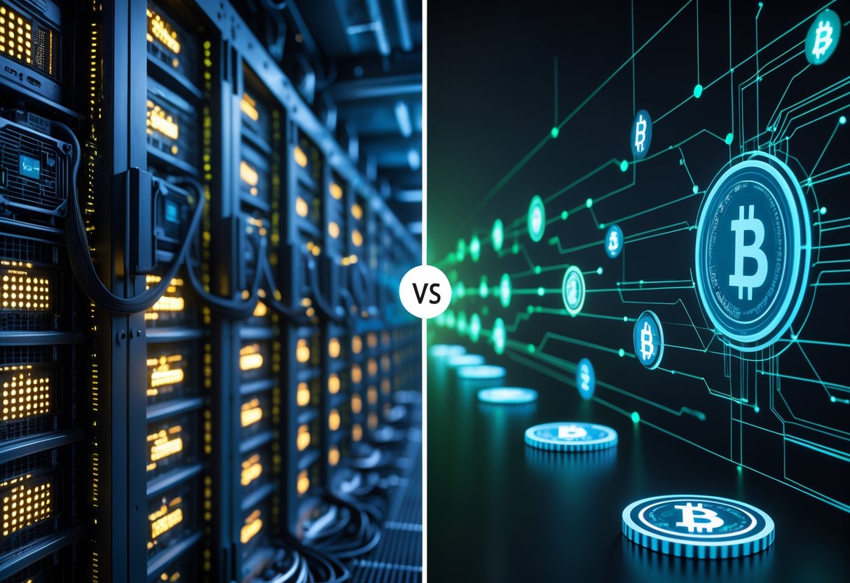 A split image showing computer servers and mining rigs on one side and digital blockchain nodes with stacked coins on the other, representing two blockchain consensus methods.