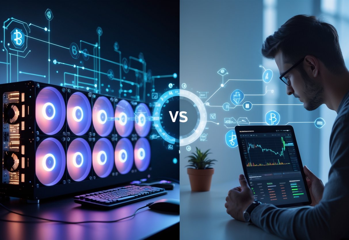 A digital workspace showing a computer mining cryptocurrency on one side and a person holding a tablet with staking graphs on the other, connected by blockchain network visuals.