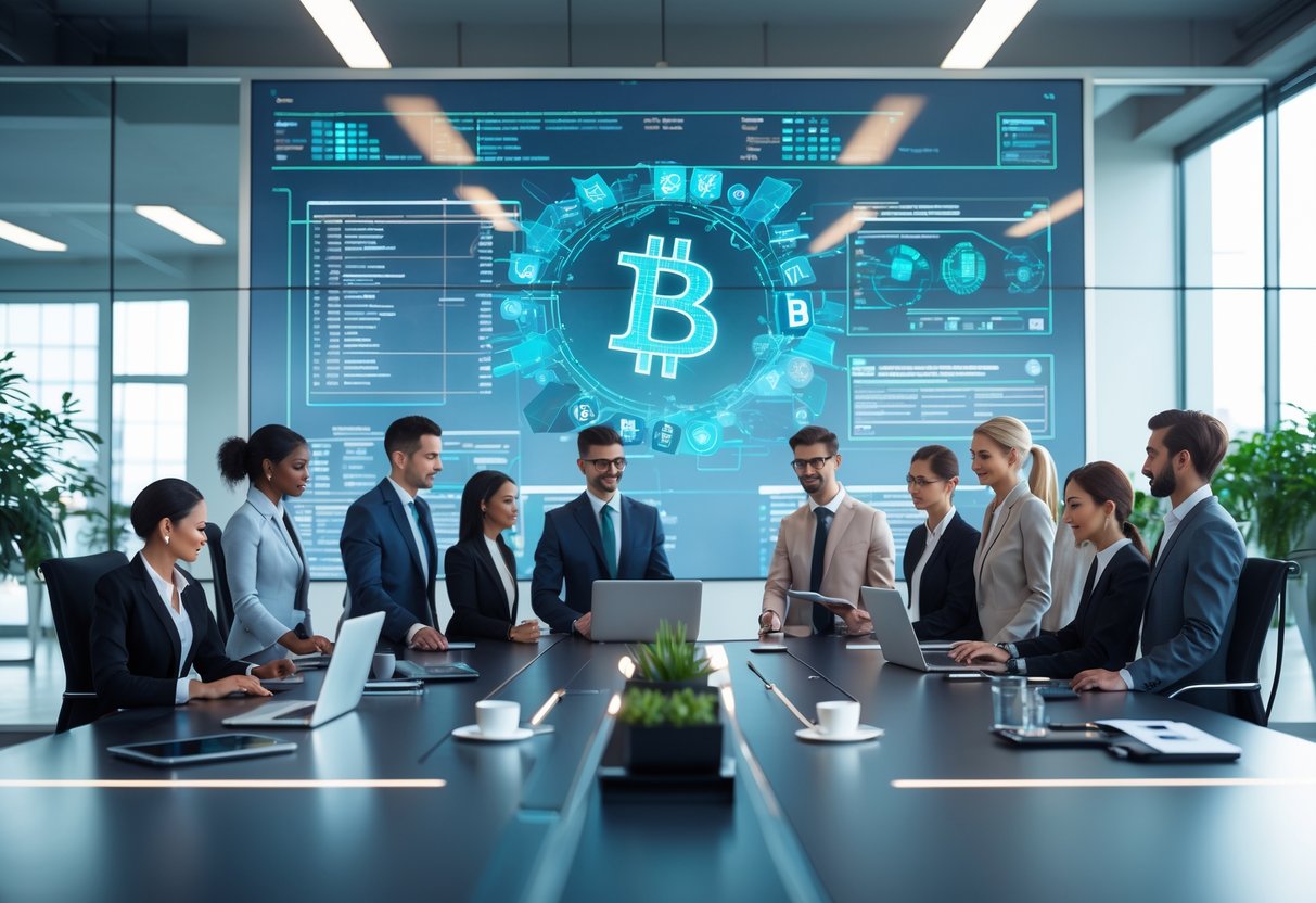 Business professionals in a modern office discussing cryptocurrency data around a conference table with digital devices and holographic visuals in the background.