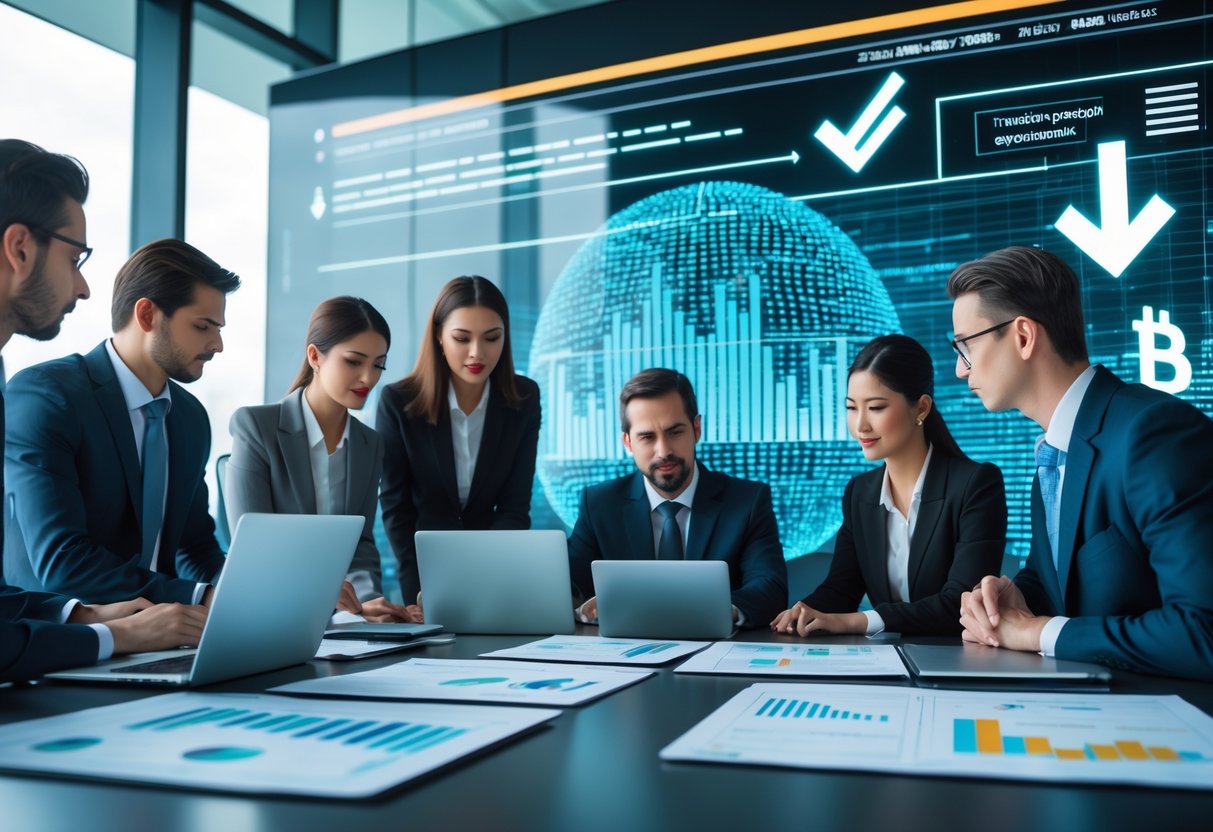 A group of business professionals in a modern office discussing cryptocurrency regulation with laptops and digital charts on the table.