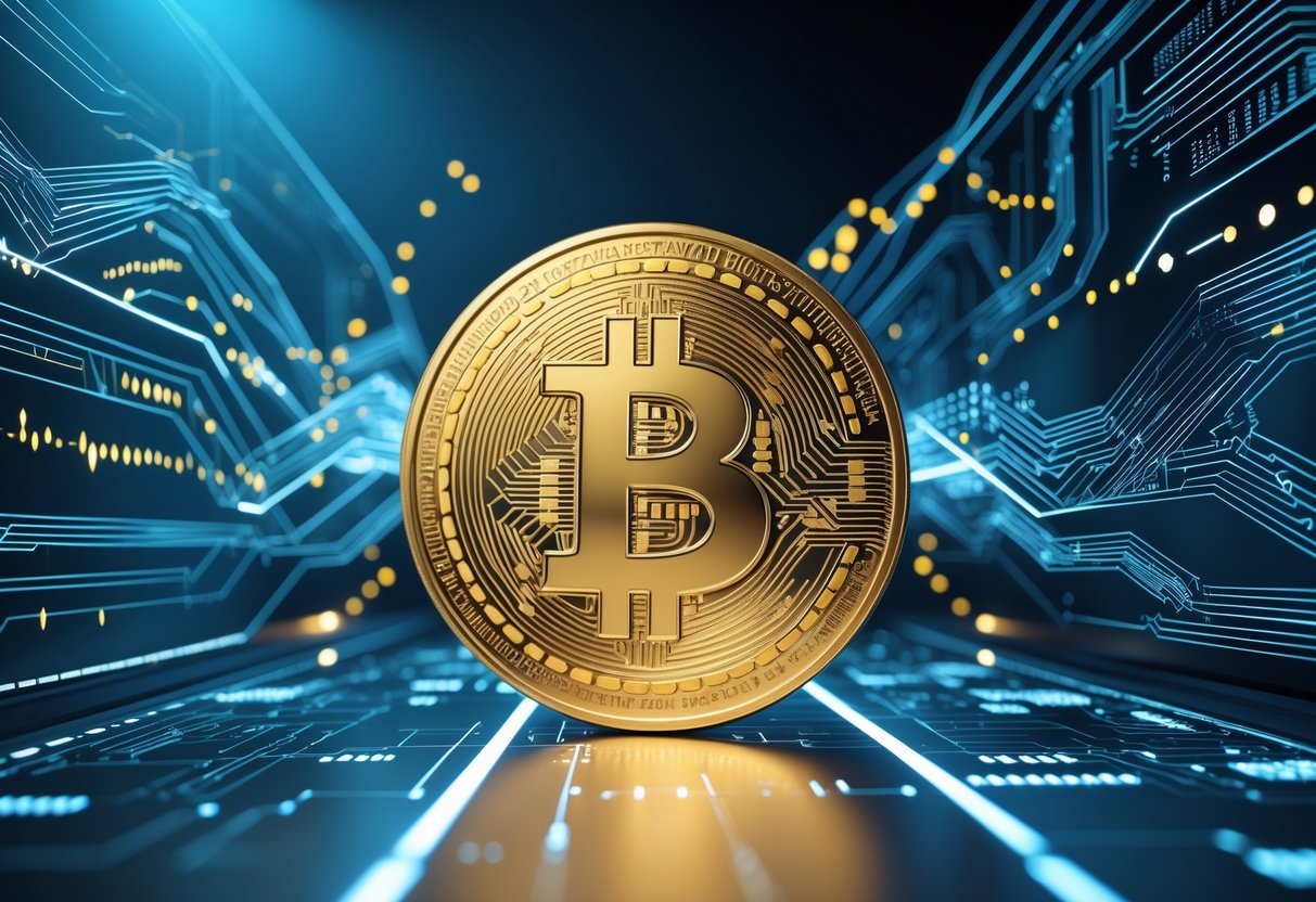 A glowing golden Bitcoin coin surrounded by digital data streams and blockchain patterns on a dark background.