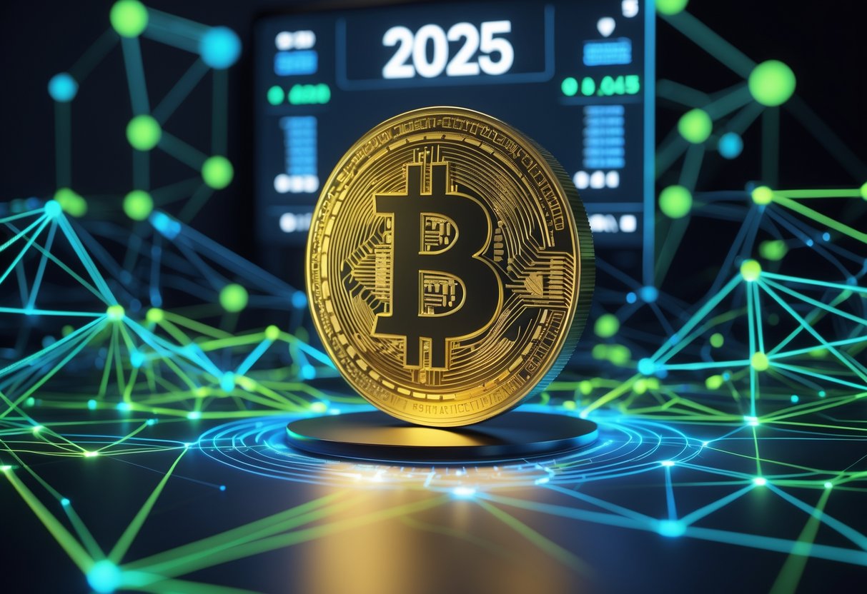 A glowing Bitcoin symbol surrounded by digital blockchain network graphics and a countdown timer in a futuristic digital setting.