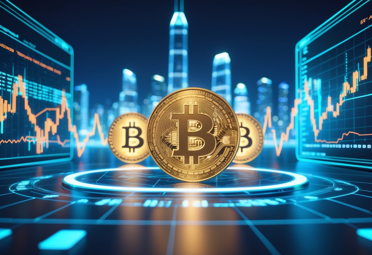 Digital scene showing glowing Bitcoin symbols with holographic financial charts and a city skyline in the background.
