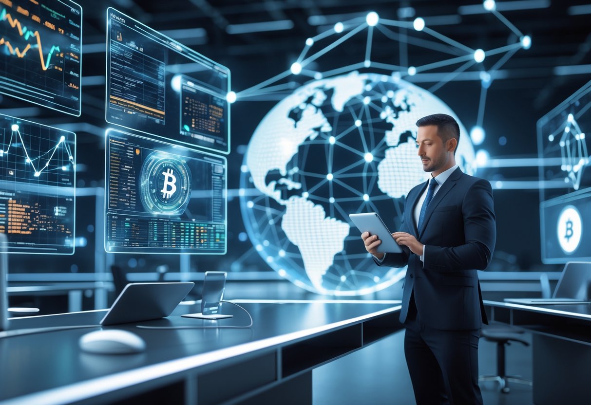 A business professional analyzing cryptocurrency data on a tablet in a modern workspace with digital charts and a glowing globe showing blockchain networks.