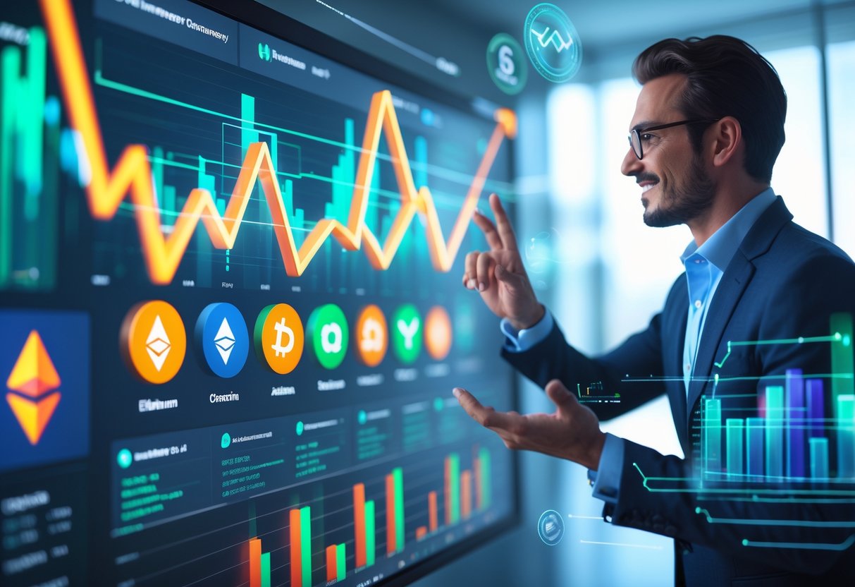 A business professional interacting with a holographic display of rising altcoin icons and financial charts in a modern office setting.