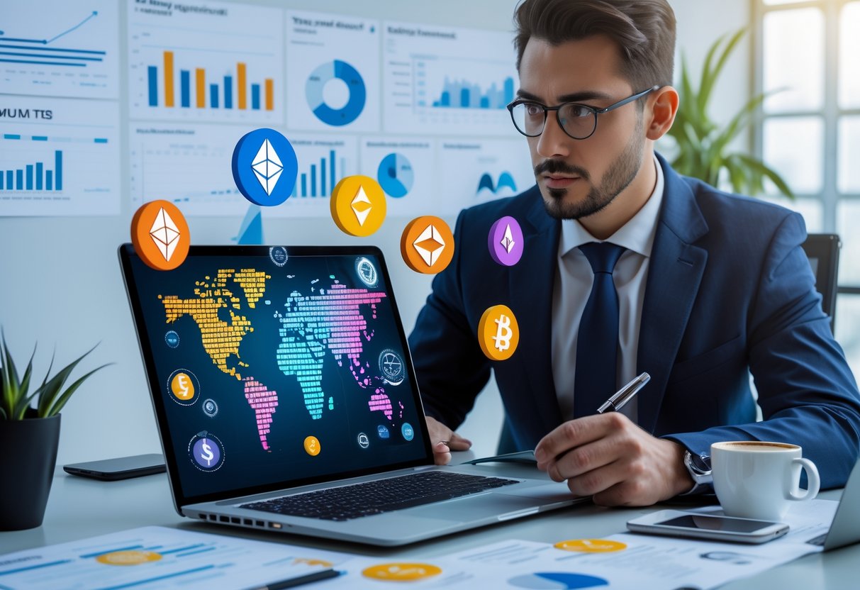 A person analyzing financial charts and digital altcoin icons on a laptop in a modern office setting.