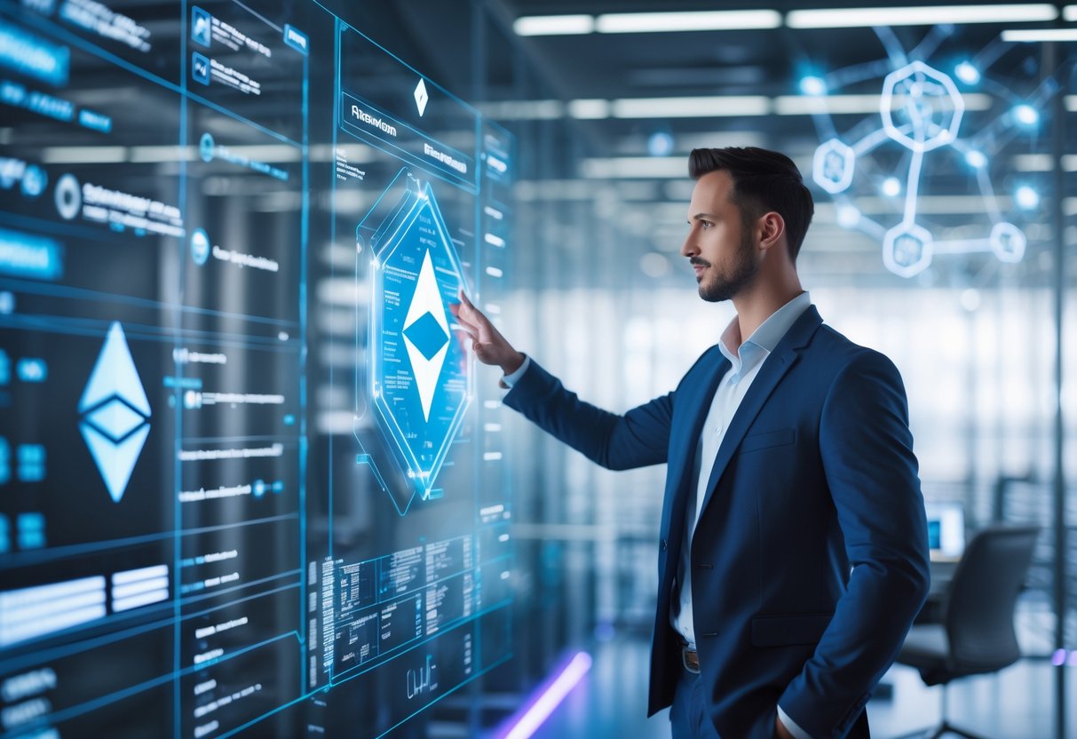 A business professional interacting with holographic blockchain data and Ethereum symbols in a modern workspace.