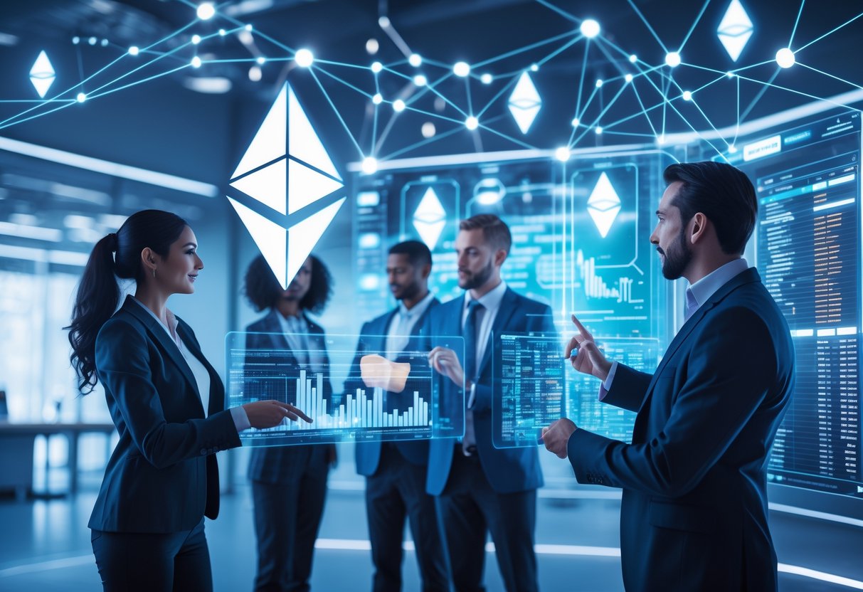 A group of professionals interacting with holographic Ethereum blockchain visuals in a modern office setting.