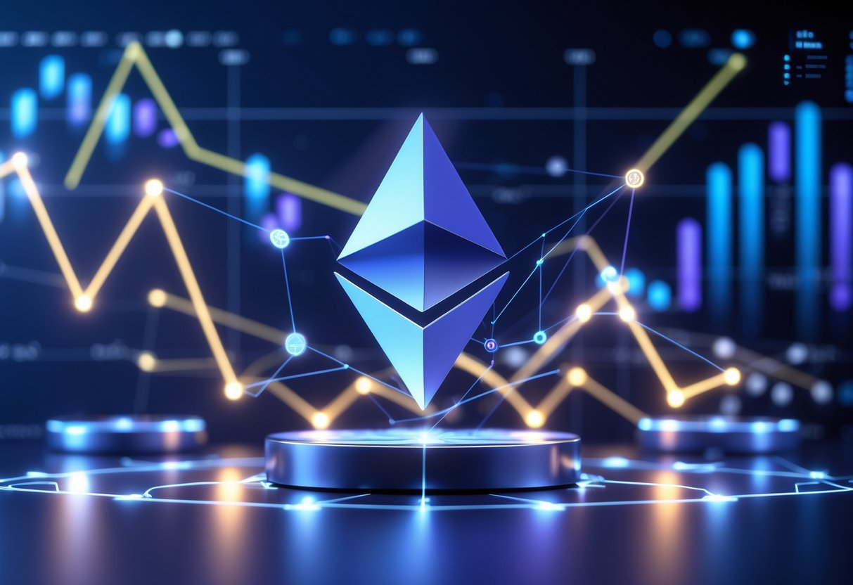 Digital representation of the Ethereum logo surrounded by connected blockchain nodes with abstract financial graphs in the background.
