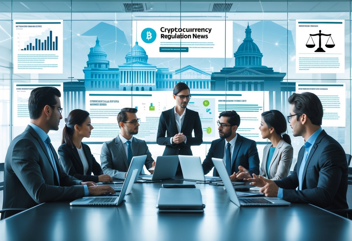 A group of business professionals discussing cryptocurrency charts and regulatory documents in a modern office with digital screens showing blockchain and legal symbols.