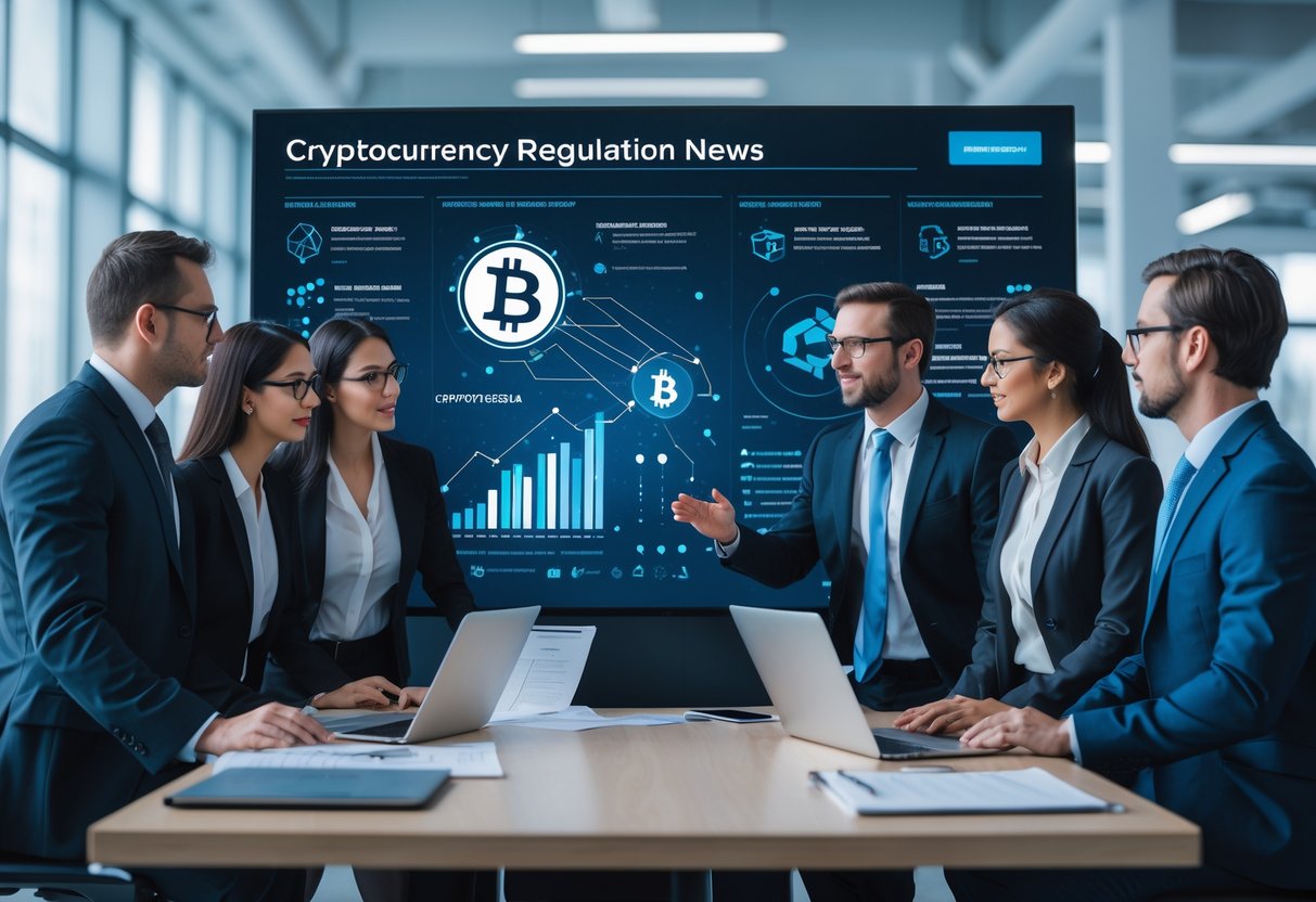 Business professionals discussing cryptocurrency regulation in a modern office with digital charts and blockchain icons on a large screen.
