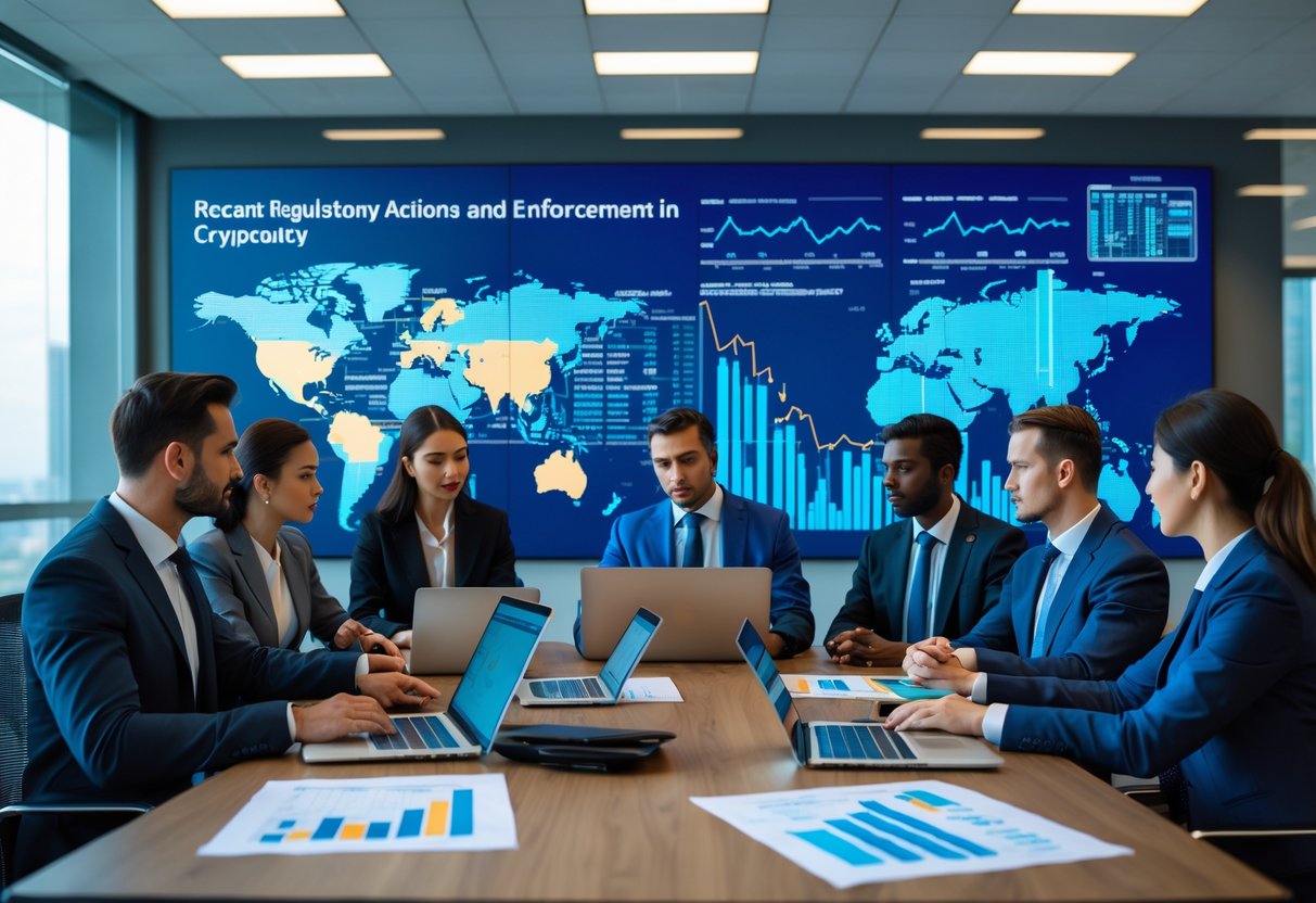 Business professionals in a modern office discussing cryptocurrency regulations around a conference table with laptops and charts.