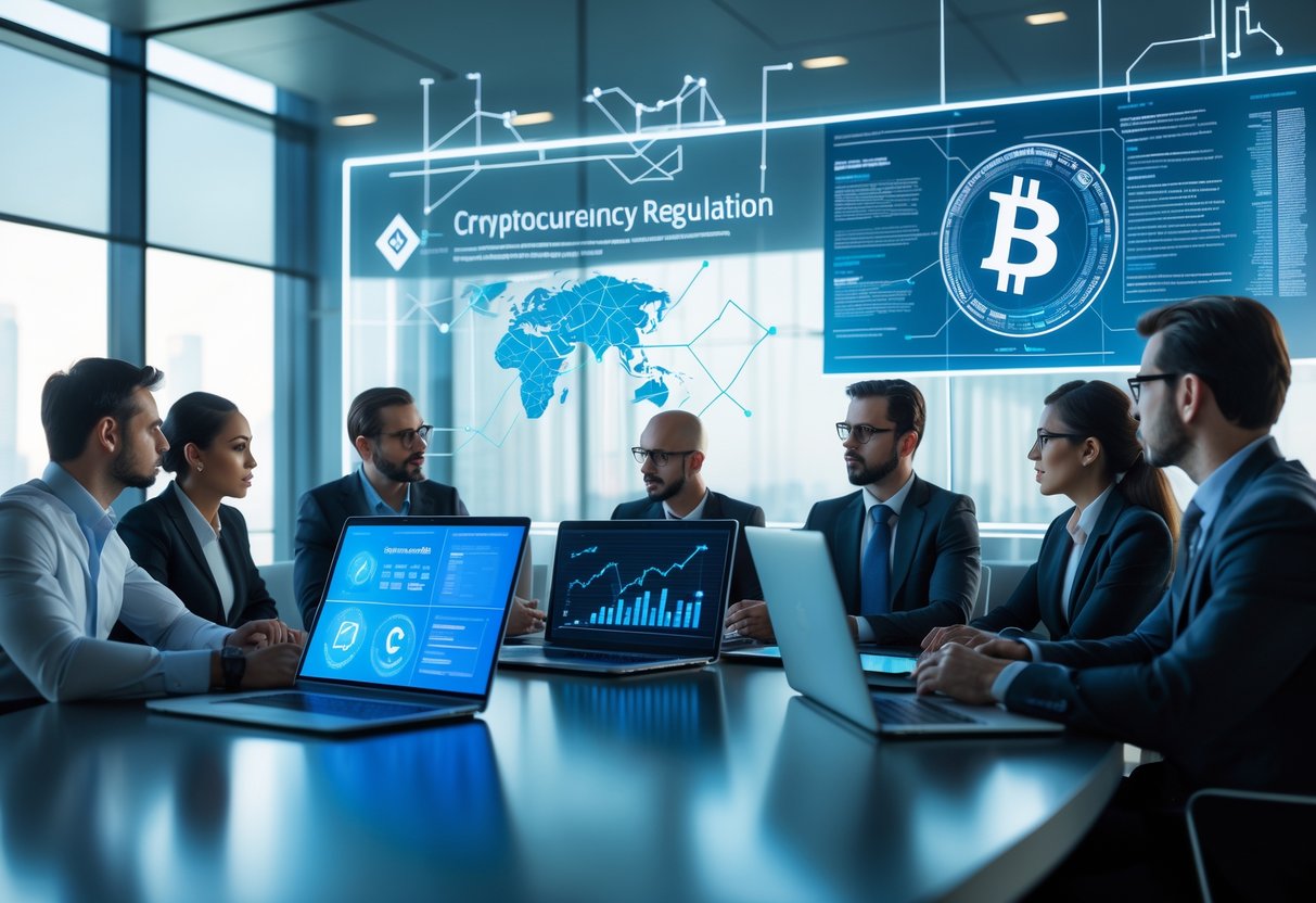 A group of professionals in a modern office discussing cryptocurrency and regulation with laptops and digital charts around a conference table.