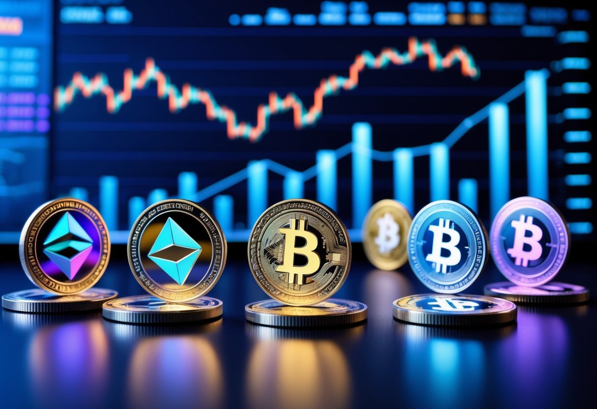 A futuristic digital scene showing glowing holographic altcoin symbols floating above a reflective surface with financial charts in the background.