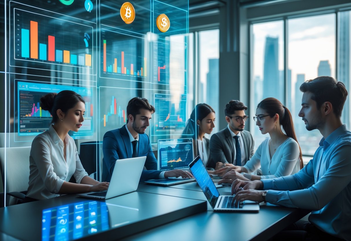 A group of professionals analyzing cryptocurrency charts and data on digital screens in a modern office with a city skyline in the background.