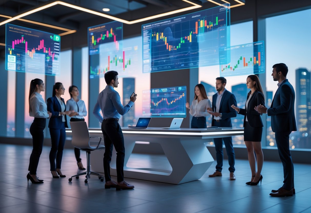 A group of professionals analyzing floating digital cryptocurrency charts and graphs in a modern office with a city view at dusk.